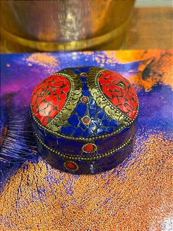 Porta Joias - Metal - Feito à mão - Azul, Vermelho e Dourado - 7,5CM