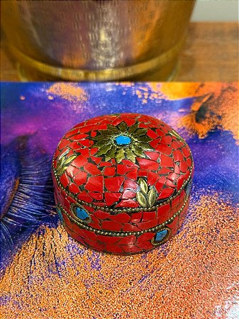 Porta Joias - Metal - Feito à mão - Vermelho, Azul e Dourado - 7CM