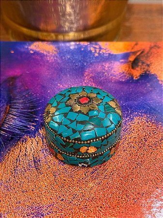 Porta Joias - Metal - Feito à mão - Turquesa, Vermelho e Dourado - M