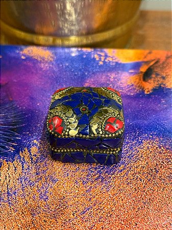 Porta Joias - Metal - Feito à mão - Azul, Vermelho e Dourado - P