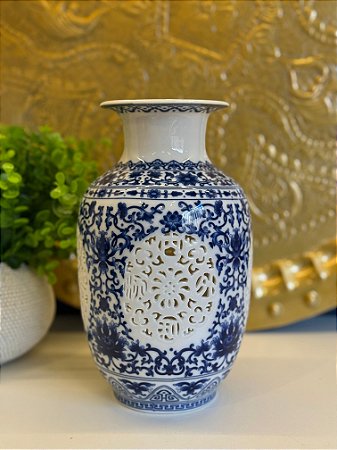 Vaso - Cerâmica - Azul e Branco - 24CM
