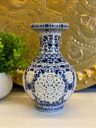 Vaso - Cerâmica - Azul e Branco - 24CM