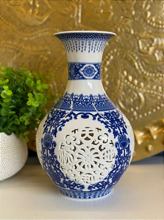 Vaso - Cerâmica - Azul e Branco - 28CM