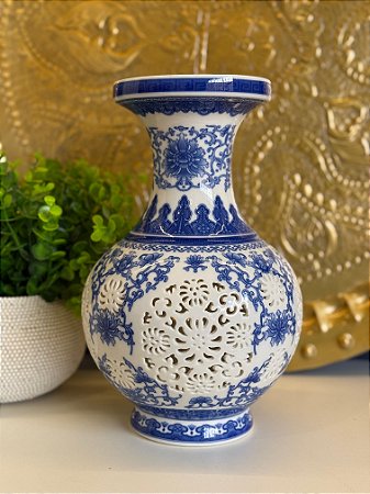 Vaso - Cerâmica - Azul e Branco - 28CM