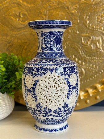 Vaso - Cerâmica - Azul e Branco - 32CM