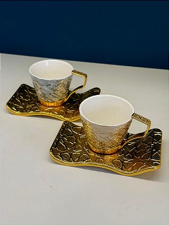 Xícara Turca - Par - Vidro - Dourado, Cinza e Marrom