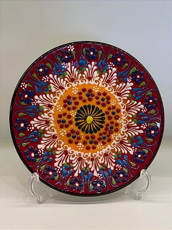 Prato de Parede Pequeno - Decorativo - Turquia - Cerâmica - Alto Relevo - Vermelho