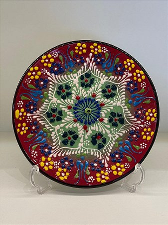 Prato de Parede Pequeno - Decorativo - Turquia - Cerâmica - Alto Relevo - Vermelho