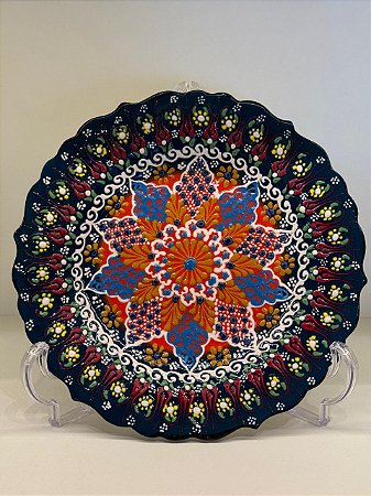 Prato de Parede Medio - Turquia - Decorativo - Cerâmica - Pintado à mão - Verde Escuro
