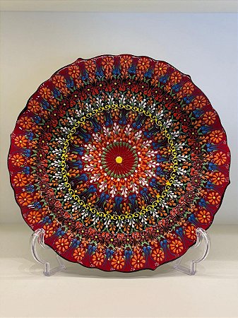 Prato de Parede Grande - Turquia - Decorativo - Cerâmica - Alto Relevo - Vermelho