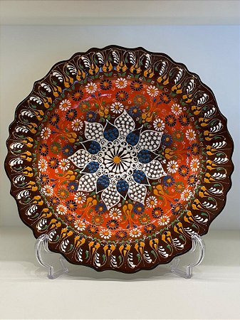 Prato de Parede Grande - Turquia - Decorativo - Cerâmica - Alto Relevo - Marrom