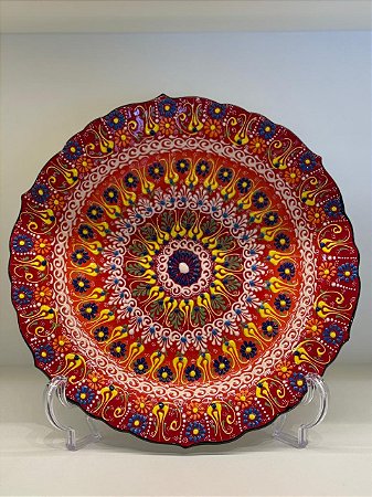 Prato de Parede Grande - Turquia - Decorativo - Cerâmica - Alto Relevo - Vermelho