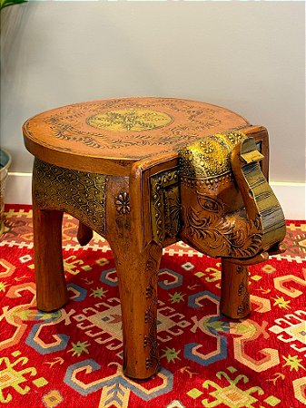 Banqueta - Elefante - Madeira - Pintado à mão - Marrom e Dourado - GG