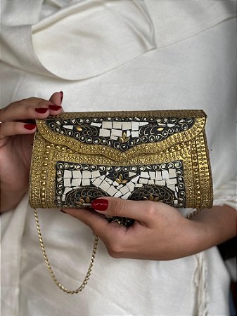 Bolsa Clutch em Metal - Branca e Dourada - Com Alça