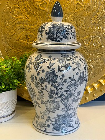 Potiche Cerâmica Cinza e Branco 46CM