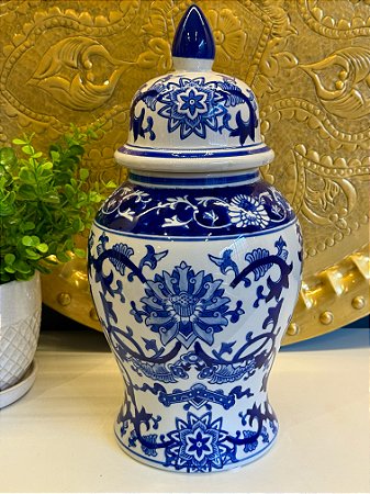 Potiche Cerâmica Azul e Branco 37CM