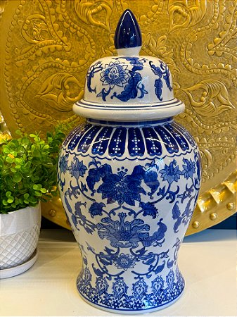 Potiche Cerâmica Azul e Branco 47CM