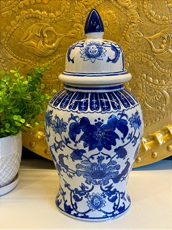 Potiche Cerâmica Azul e Branco 37CM