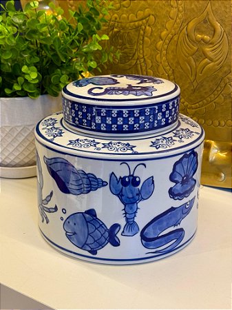 Potiche Cerâmica Azul e Branco 17CM