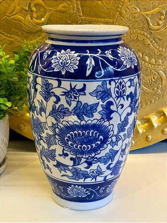 Vaso Cerâmica Azul e Branco 30CM