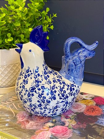 Galo Decorativo -  Porcelana - Azul e Branco