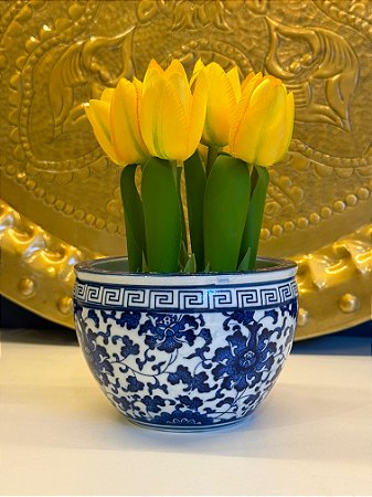 Cachepot em Ceramica - Azul e Branco - 13CM