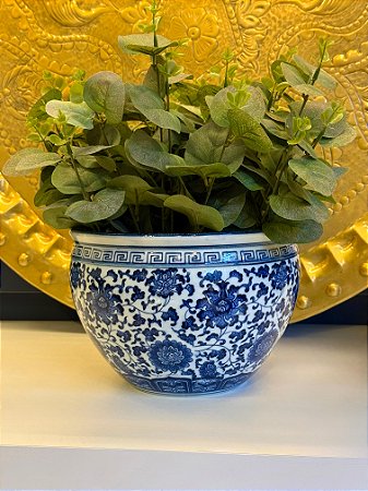 Cachepot em Ceramica - Azul e Branco - 20CM