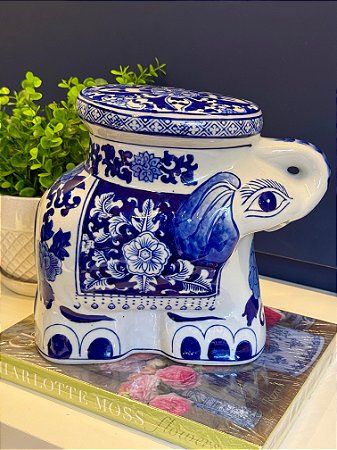 Elefante Decorativo - Cerâmica - Azul e Branco