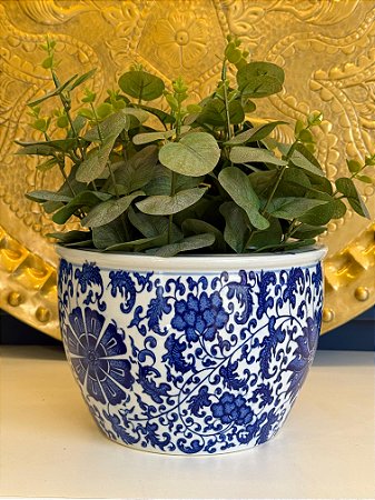 Cachepot em Cerâmica - Azul e Branco - 22CM