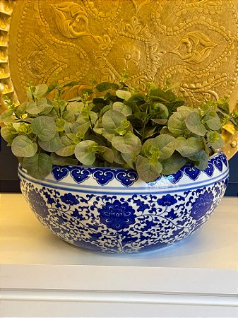 Cachepot em Cerâmica - Azul e Branco - 41CM