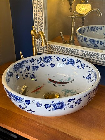 Cuba Sobrepor - Branco e Azul - Flores e Peixes