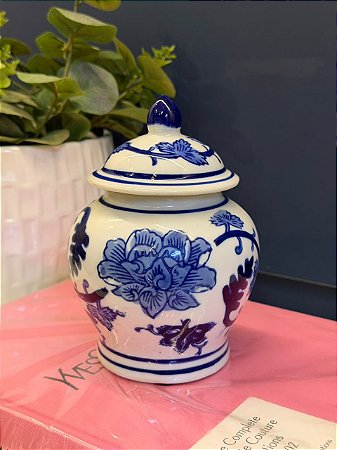Potiche - Azul e Branco - Cerâmica - 14cm