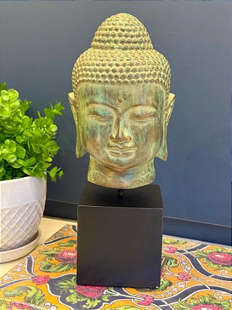 Cabeça de Buda Decorativo - Com Base - Bronze - Verde