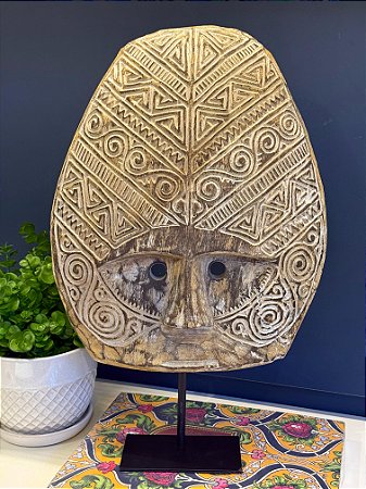 Escultura Mascara Decorativa - Madeira - Com Base