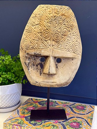 Escultura Mascara Decorativa - Madeira - Com Base