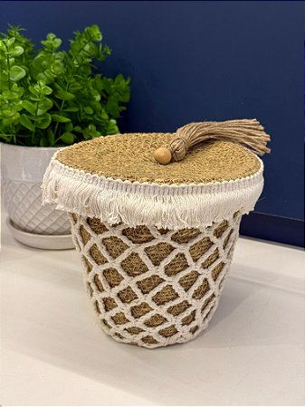 Cesto com Tampa - Fibra Natural - Branco - 15CM