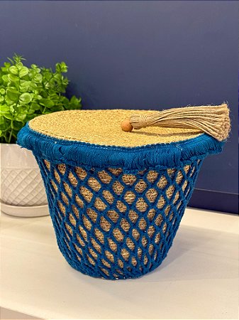Cesto com Tampa - Fibra Natural - Azul - 20CM