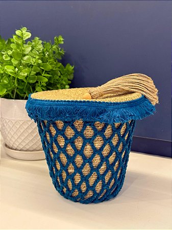Cesto com Tampa - Fibra Natural - Azul - 15CM