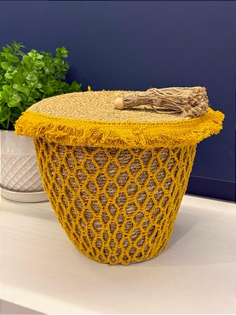 Cesto com Tampa - Fibra Natural - Amarelo - 20CM