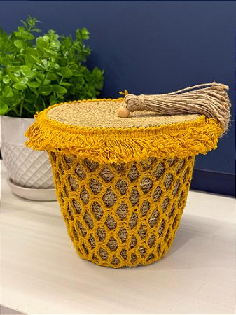 Cesto com Tampa - Fibra Natural - Amarelo - 16CM