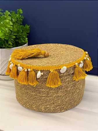 Cesto com Tampa - Fibra Natural - Amarelo - 14CM