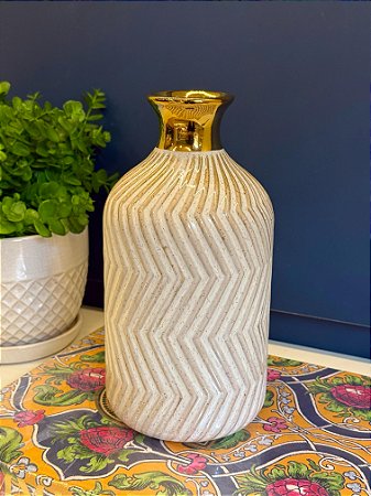 Vaso - Cerâmica - Branco e Dourado - 23CM