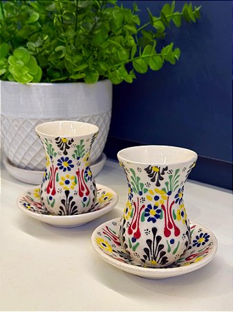 Copo Turco - Pares - Cerâmica - Pintado à mão - Branco