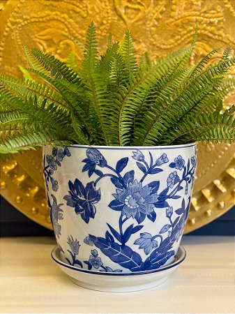 Cachepot em Ceramica - Azul e Branco - 25,5CM