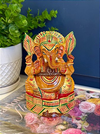 Ganesha Decorativa - Madeira - Pintado à mão - 15cm