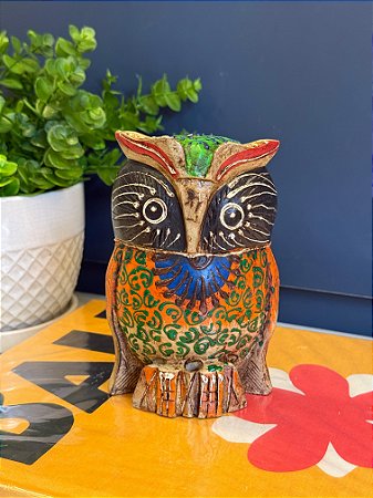 Coruja Decorativa - Madeira - Pintado à mão - 15cm