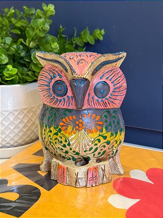Coruja Decorativa - Madeira - Pintado à mão - 15cm