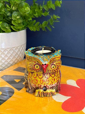 Coruja - Porta Vela - Madeira - Pintado à mão - 8cm