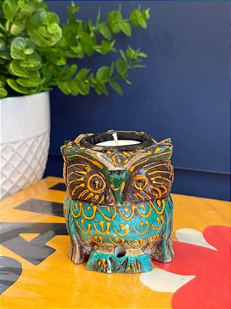 Coruja - Porta Vela - Madeira - Pintado à mão - 8cm