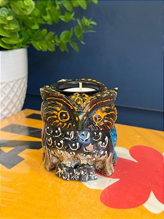 Coruja - Porta Vela - Madeira - Pintado à mão - 8cm